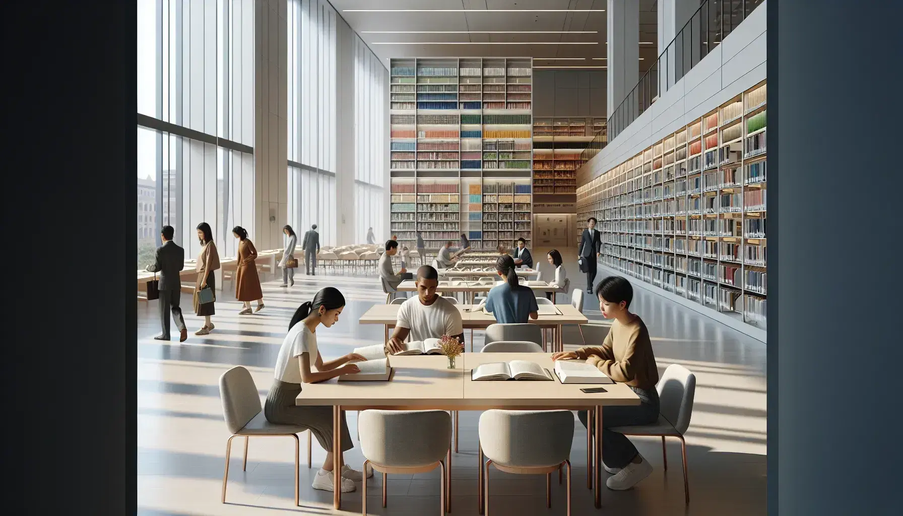 Modern and bright reading room with people studying books and colorful charts, white shelves and large windows creating soft shadows.