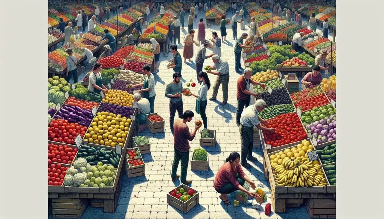 Bustling outdoor market with colorful fruit and vegetable stalls, vendors interacting with diverse shoppers, set against a clear blue sky.