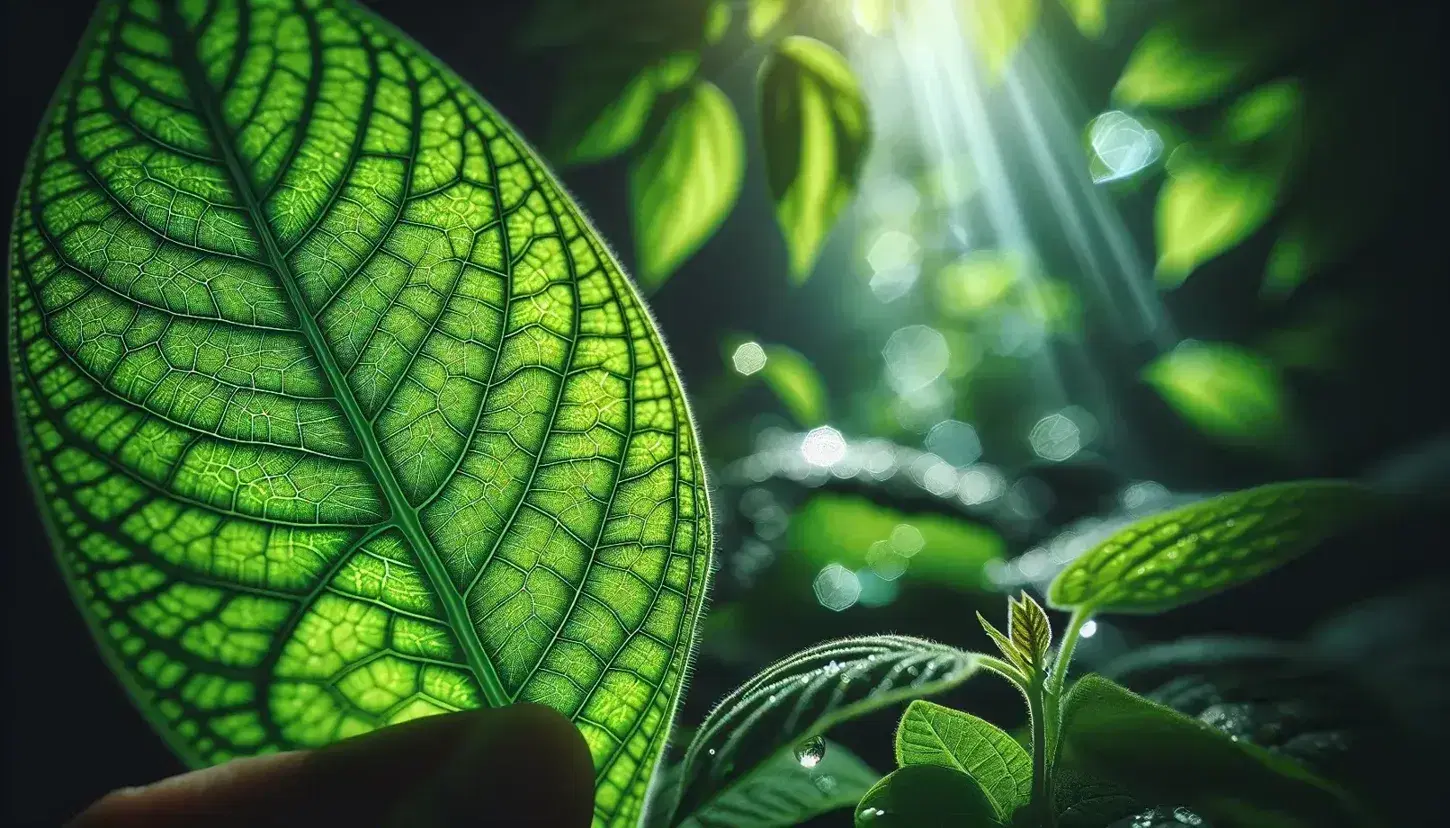 Foglia verde brillante traslucida con vene in evidenza e goccia d'acqua riflettente la luce, sfondo sfocato naturale.
