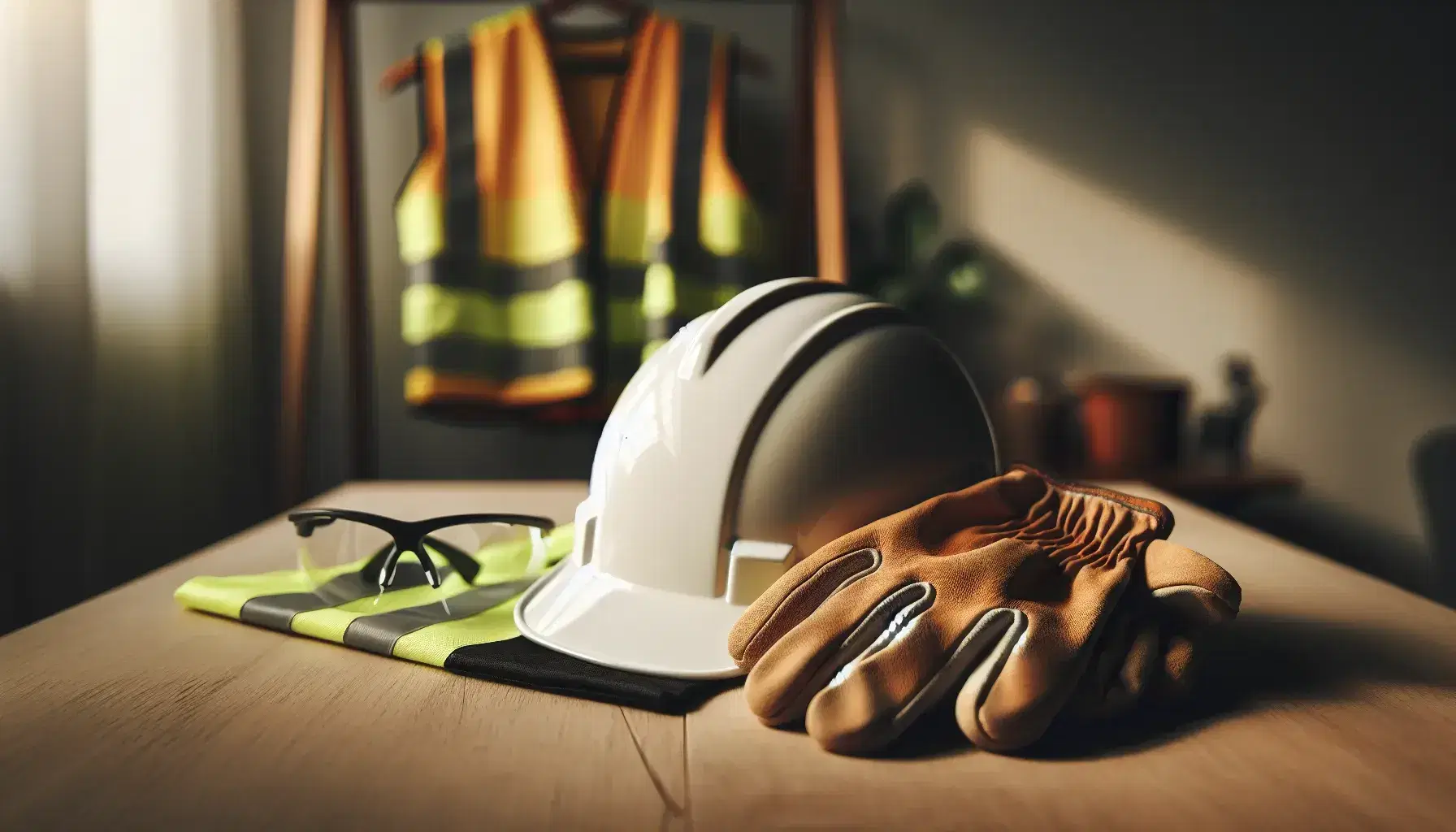 Casco de seguridad blanco sobre mesa de madera con guantes de cuero y gafas de protección al lado, y chaleco reflectante amarillo al fondo.