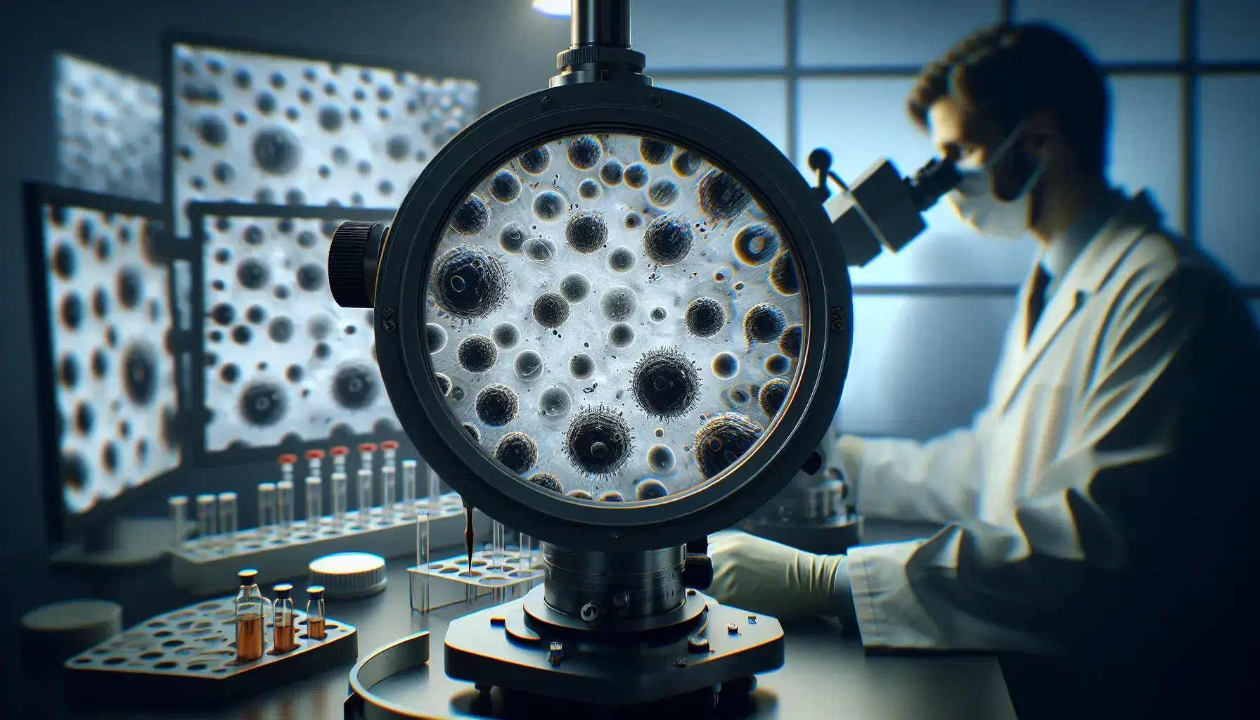 Particelle virali sferiche con piccole sporgenze visibili al microscopio elettronico, su sfondo chiaro con figura sfocata di ricercatore in laboratorio.