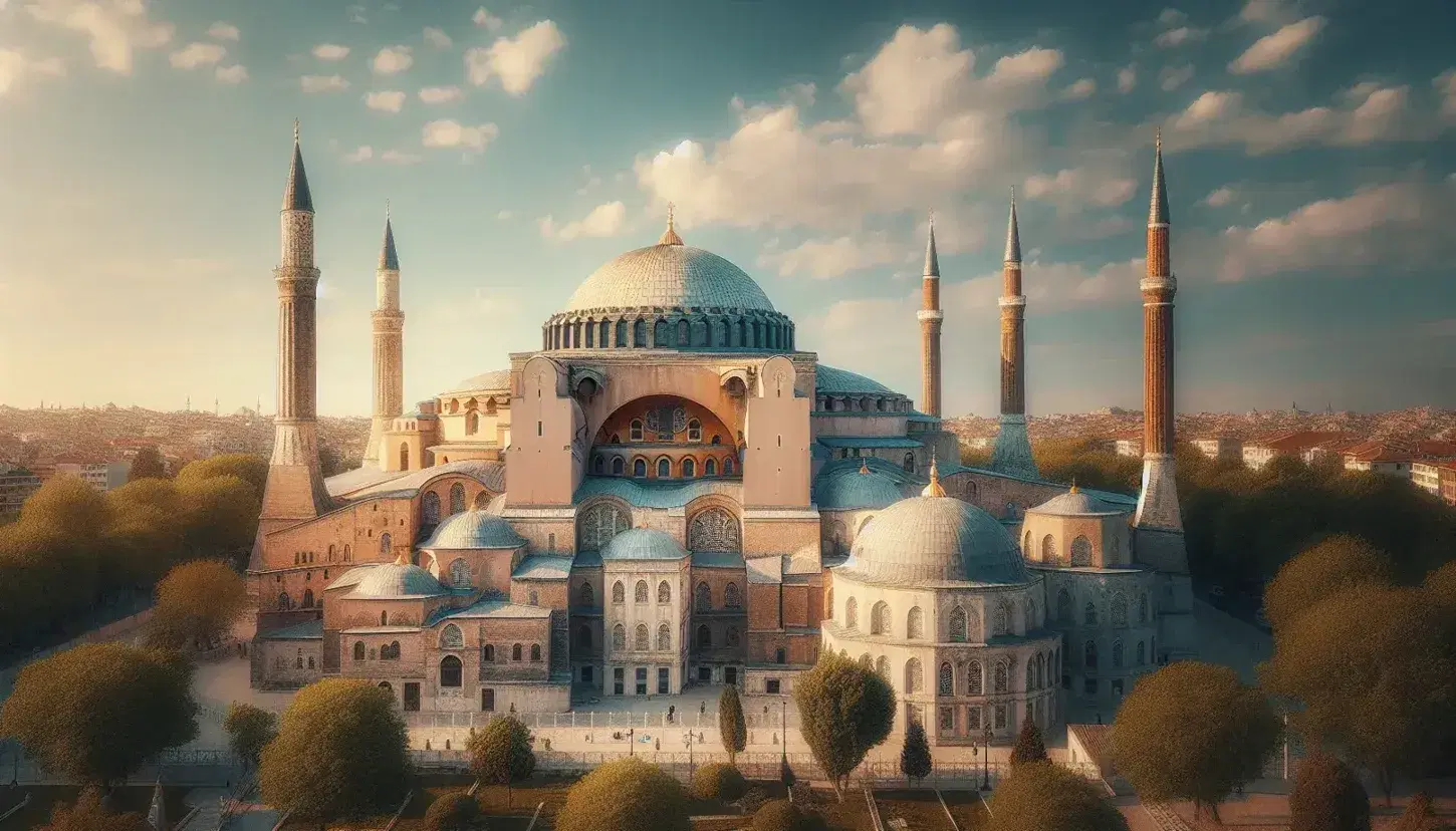 Vista panorámica de la Hagia Sophia con su gran cúpula central y minaretes bajo un cielo azul, rodeada de vegetación sin presencia de personas.