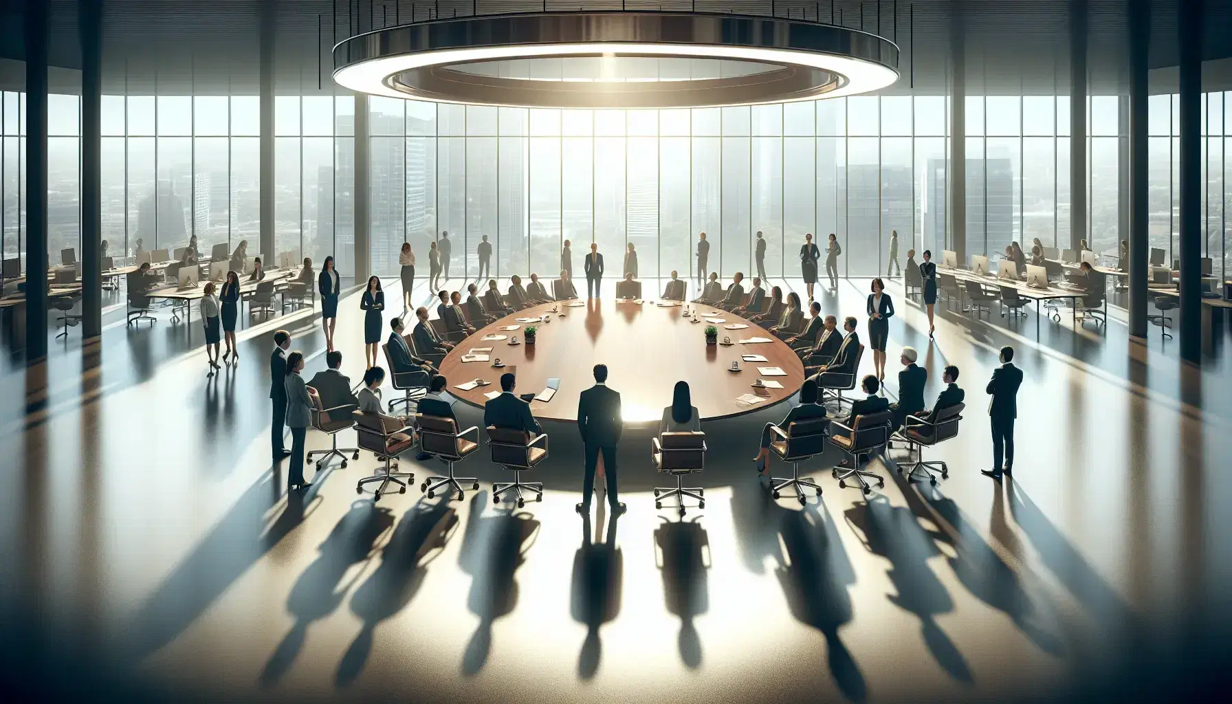 Diverse group of professionals engaged in a meeting around a large wooden table in a modern corporate office with city views.