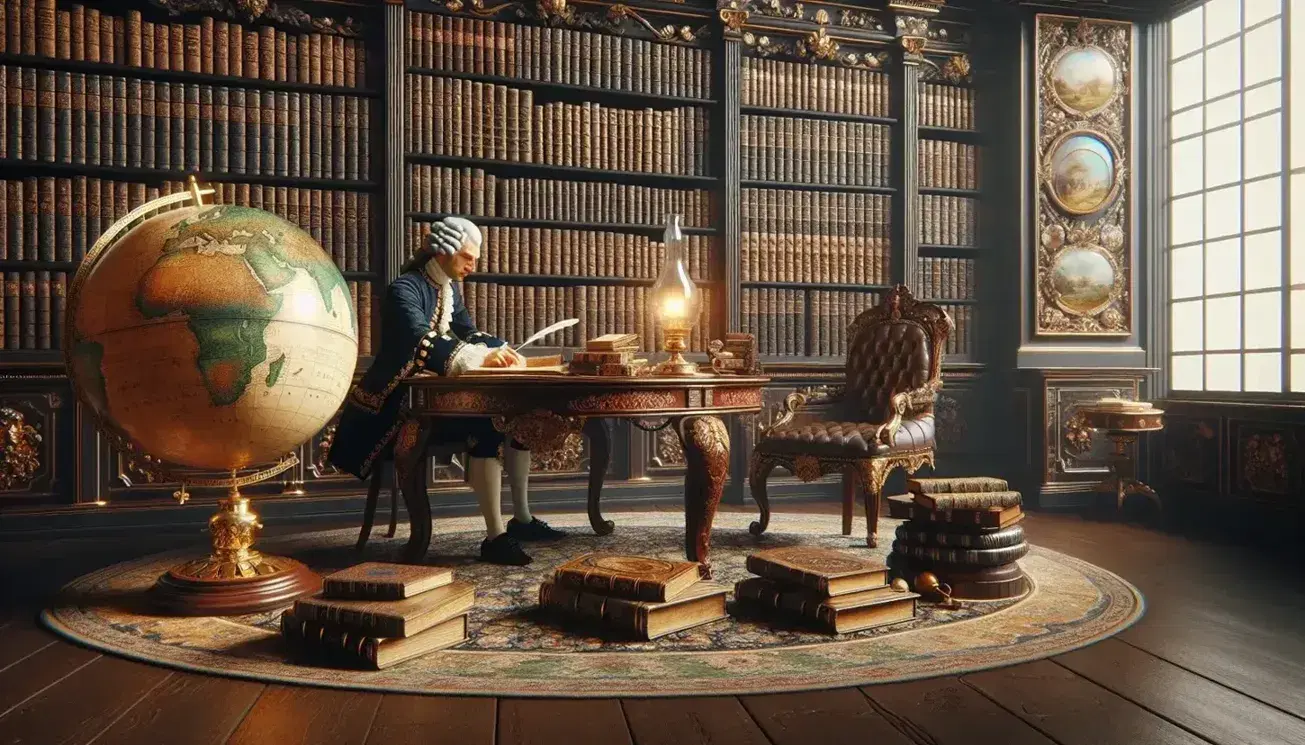 Biblioteca settecentesca con tavolo ovale, libri antichi, globo terrestre, lampada a olio e uomo in abito d'epoca che scrive con penna d'oca.