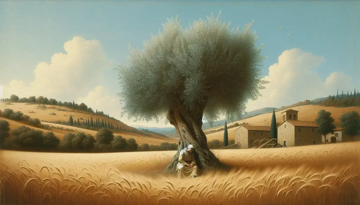 Paesaggio rurale italiano con colline ondulate, campo di grano dorato, ulivo centrale e figura umana appoggiata al tronco.