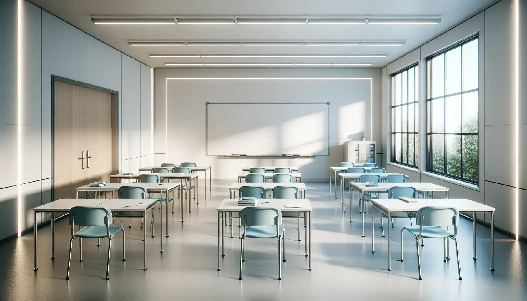 Aula moderna y luminosa con mesas blancas, sillas metálicas con asiento azul claro y pizarra blanca grande, sin personas, ambiente de orden y aprendizaje.