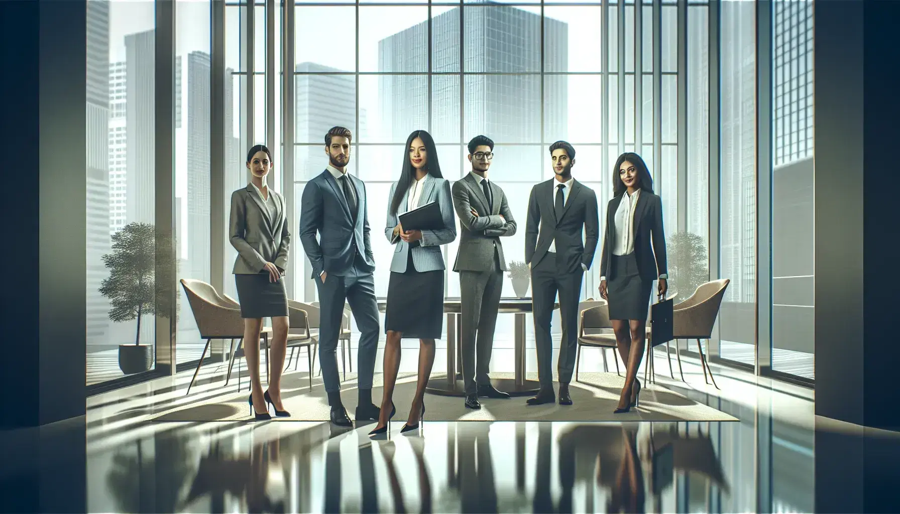 Grupo de profesionales diversos conversando en el vestíbulo moderno de un edificio con grandes ventanas y mobiliario elegante.