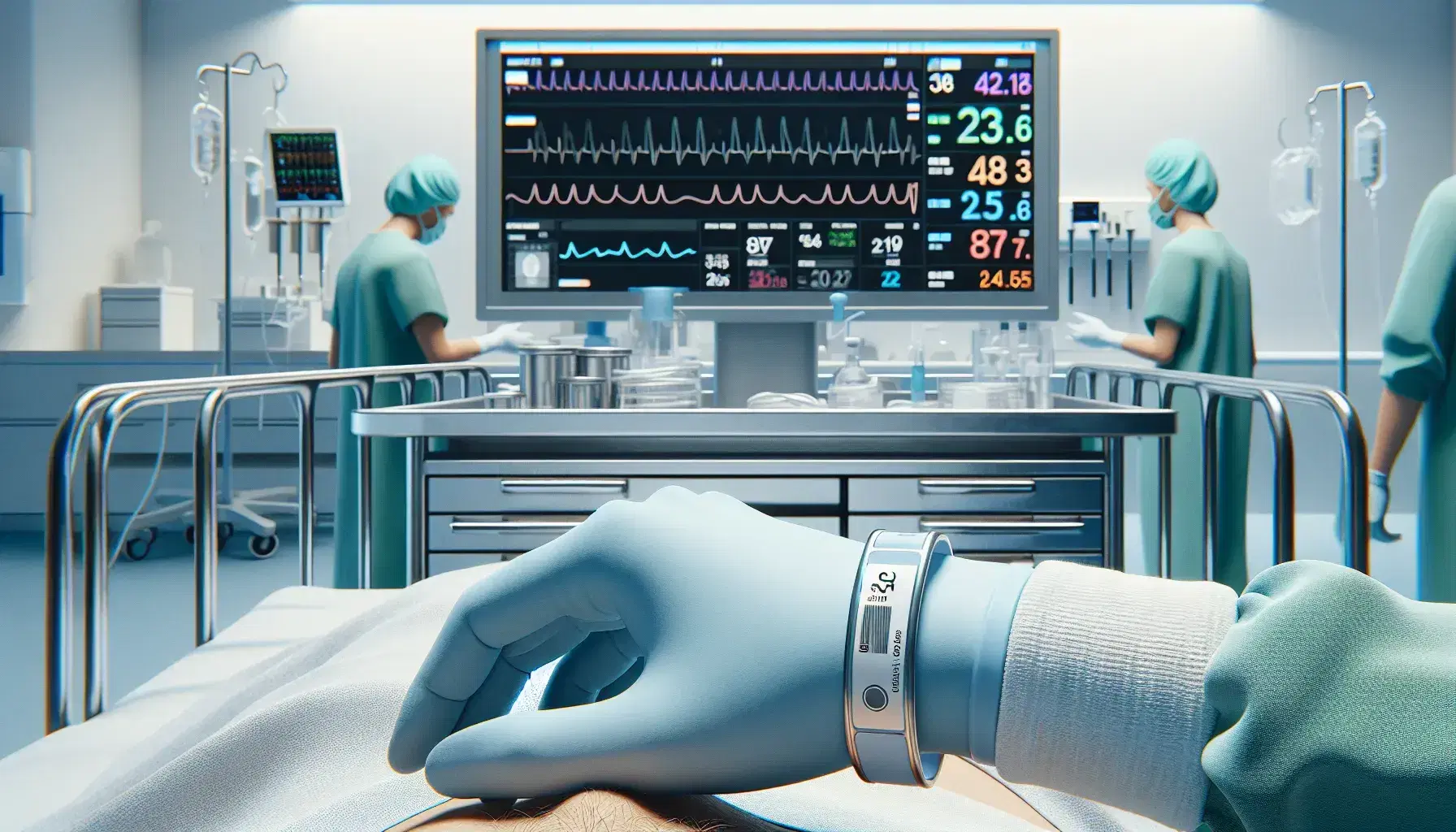 Mano con guante azul colocando pulsera de identificación en paciente dentro de un hospital, con monitor de signos vitales y personal médico en fondo.