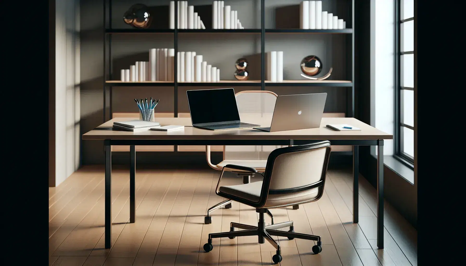 Oficina moderna iluminada con mesa de madera, silla ergonómica, laptop abierto, papeles y bolígrafos, estantería con libros y planta, ventana con cielo azul.