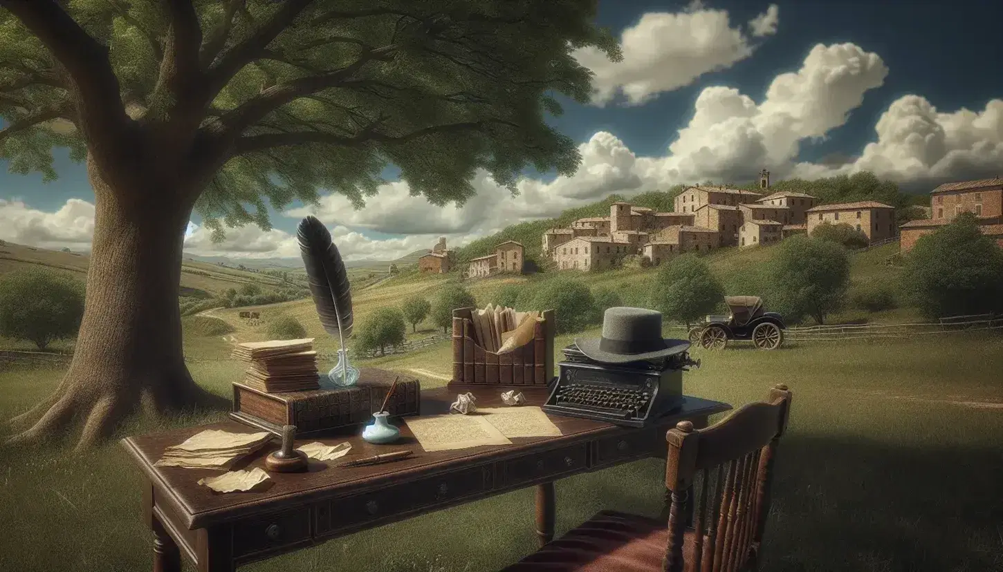 Paesaggio bucolico con scrivania antica all'aperto, penna d'oca, inchiostro, libri antichi, cappello vintage su sedia e paesino collinare sullo sfondo.