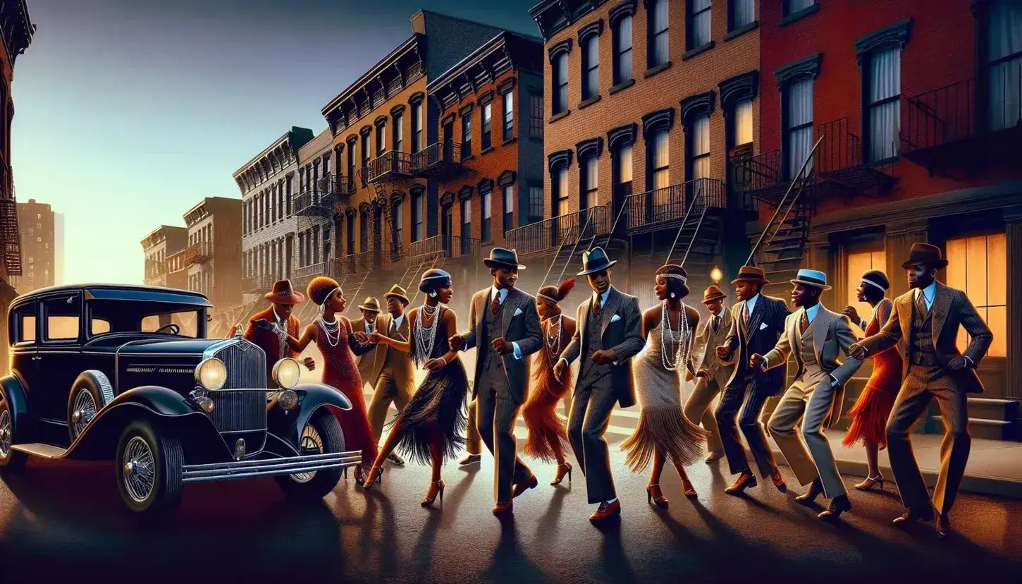 Energetic 1920s Harlem street celebration with African American dancers in flapper dresses and suits, a vintage car, and classic brownstones under a dusky sky.