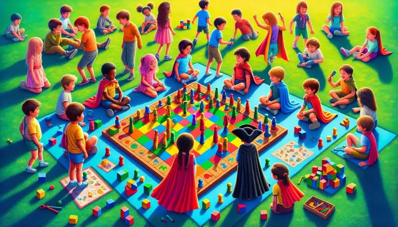 Bambini multietnici giocano in parco soleggiato: alcuni con gioco da tavolo colorato, altri in costume da supereroe e pirata, costruzione torre con blocchi.