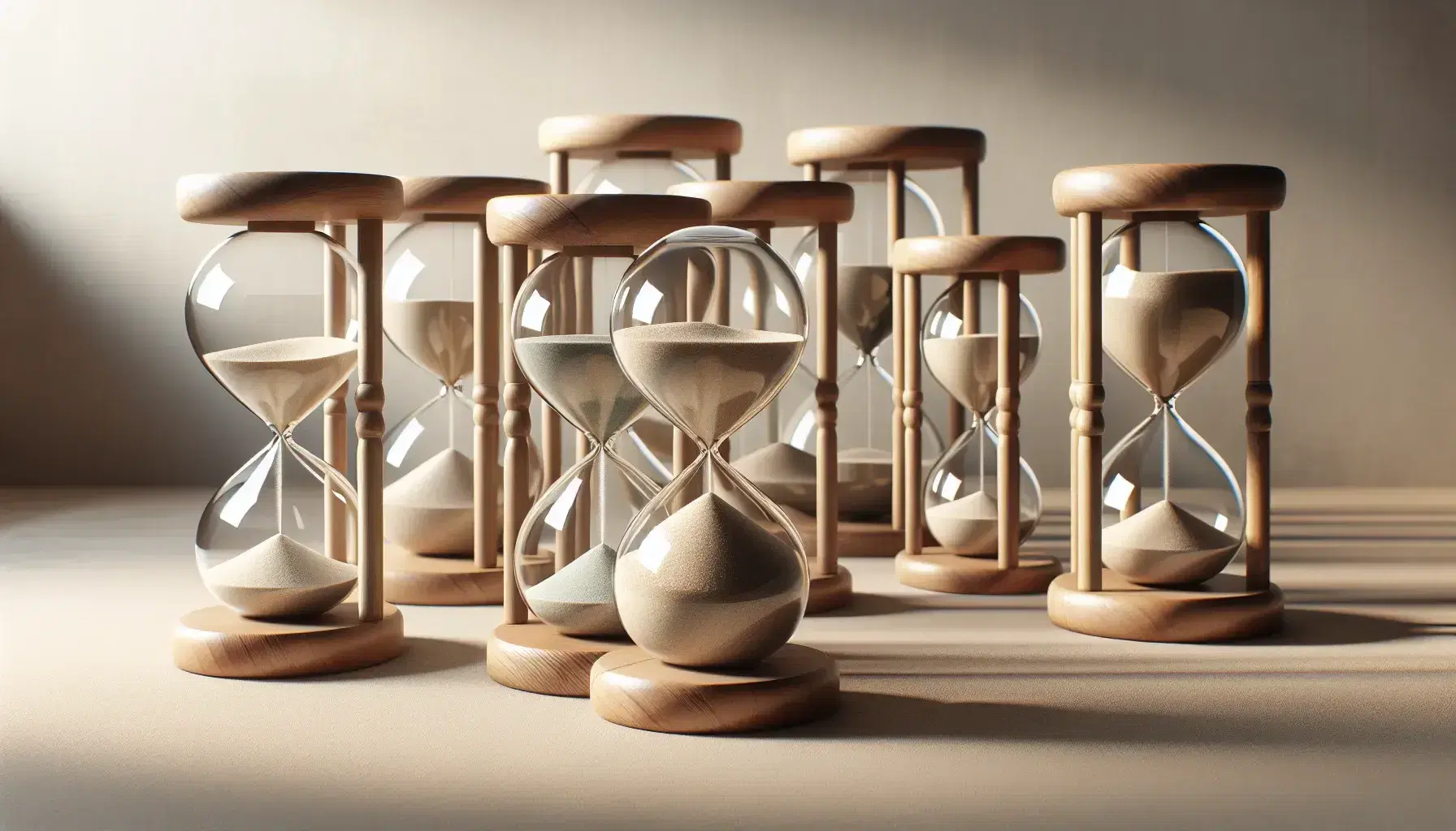 Colección de relojes de arena de madera con arena de distintos colores alineados sobre superficie clara, algunos verticales y otros horizontales bajo luz natural.