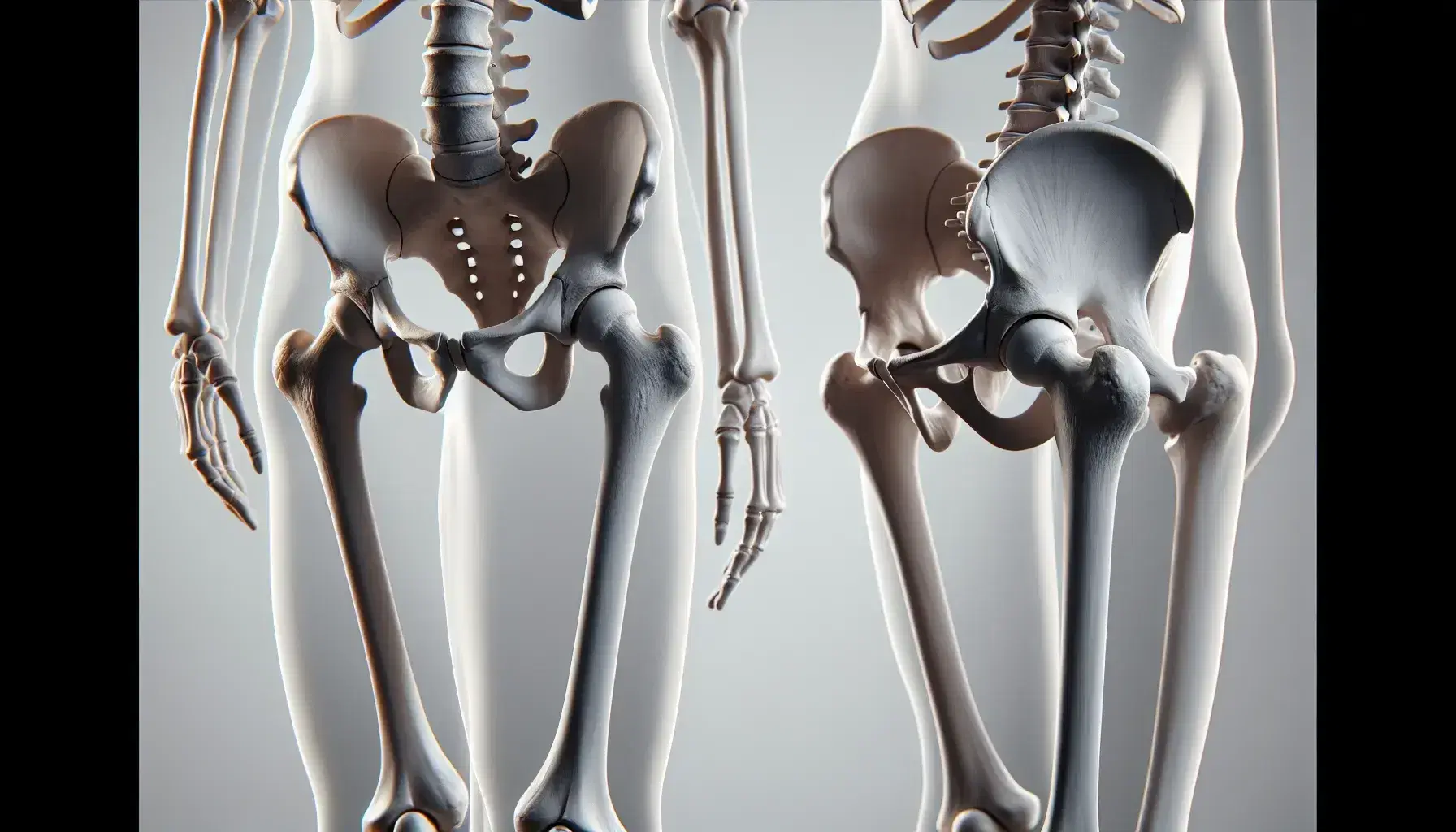 Scheletro umano in piedi con pelvi e ginocchio in evidenza, dettagli delle articolazioni dell'anca e del ginocchio su sfondo chiaro.