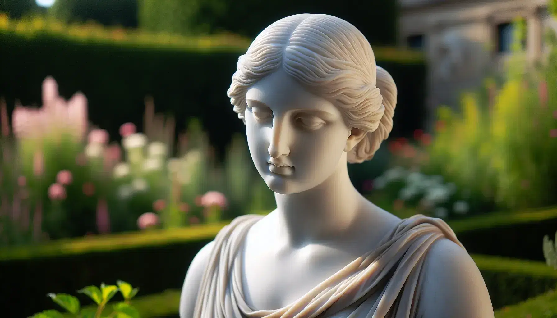 Escultura de mármol blanco de estilo clásico que representa la cabeza y hombros de una mujer con vestido drapeado, iluminada por luz natural y rodeada de un jardín verde.