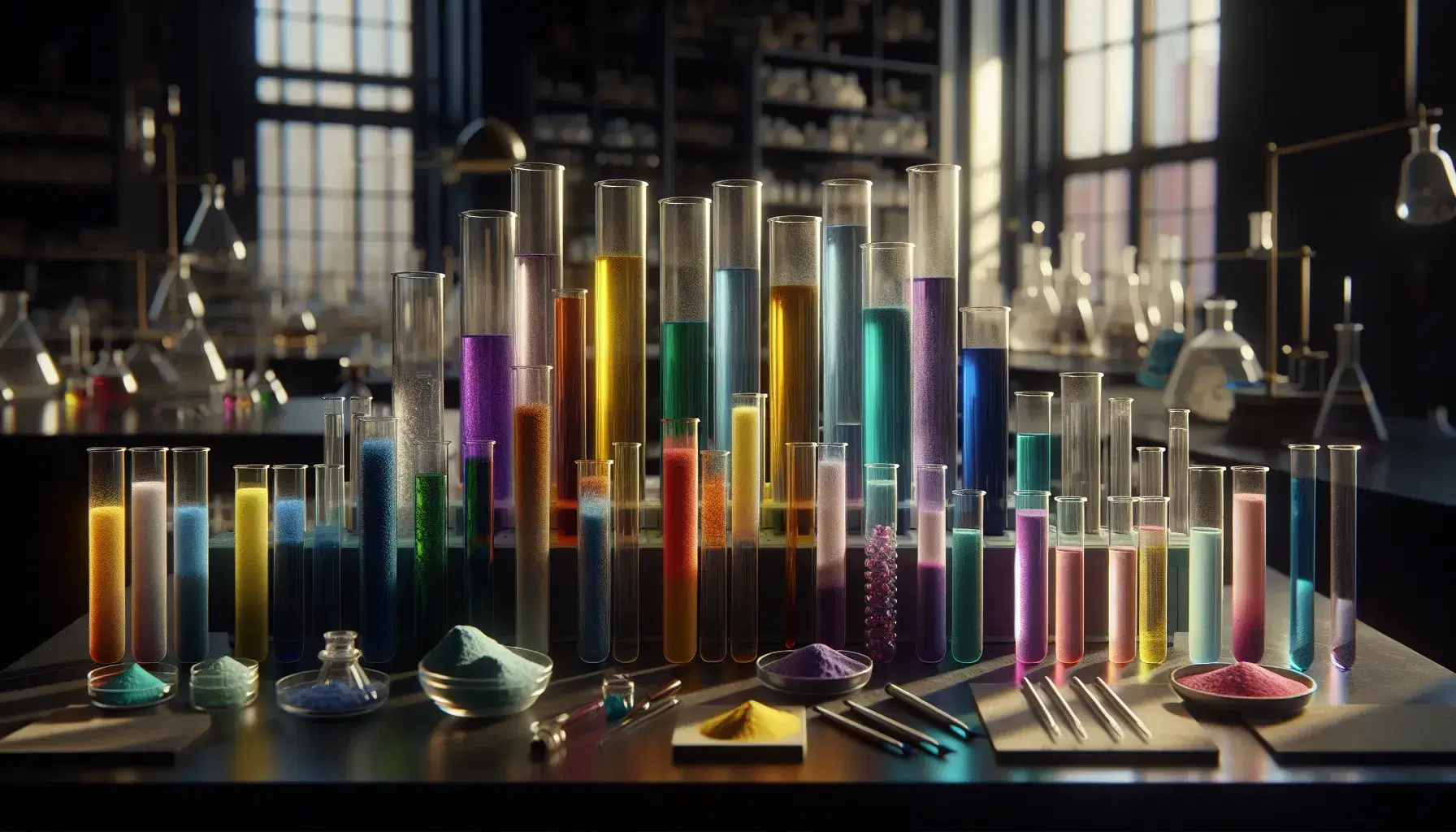 Tubi di vetro con sostanze colorate su scaffale in legno in laboratorio scientifico, illuminati da luce naturale.