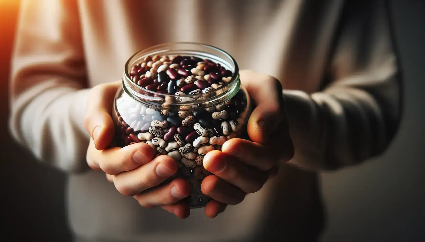 Hands holding glass jar with mixed beans: red, white, black and pinto, on blurred beige-gray background.