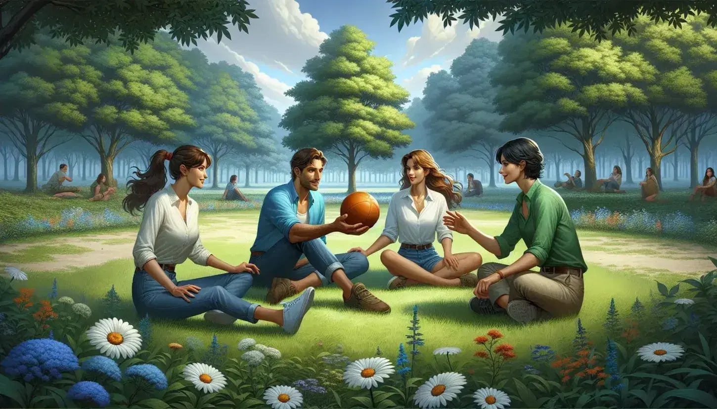 Gruppo di tre adulti seduti sull'erba verde che passano una palla arancione, circondati da alberi lussureggianti e cielo azzurro.