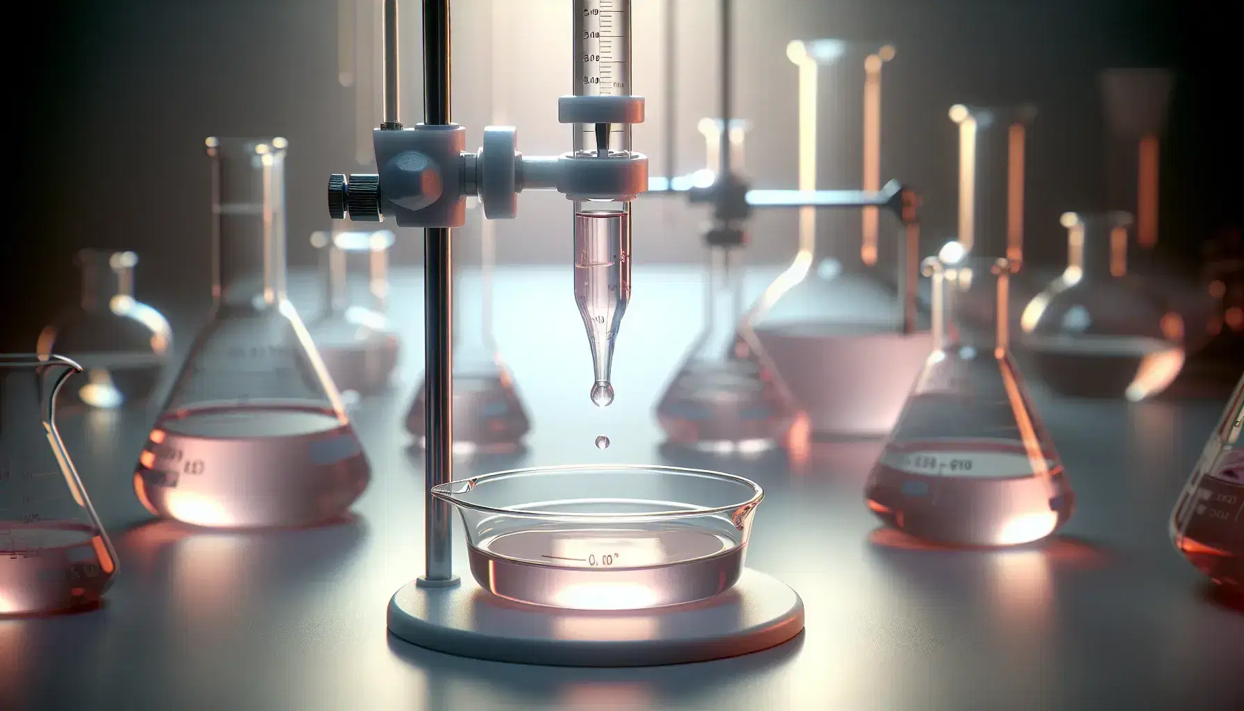 Chemical laboratory with glass burette containing pink solution dripping into titration dish on blurred glassware background.