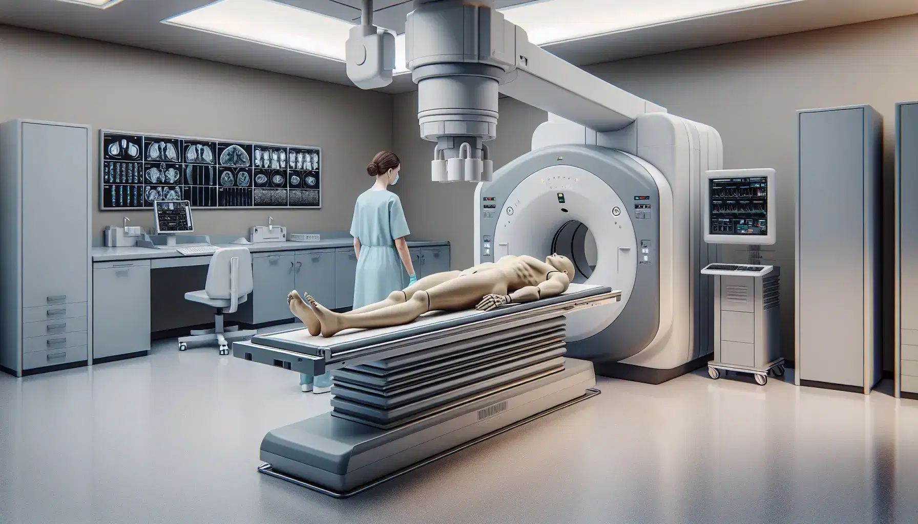 Sala de radiología con técnico ajustando máquina de rayos X junto a maniquí en mesa, panel de control en pared y ambiente clínico.