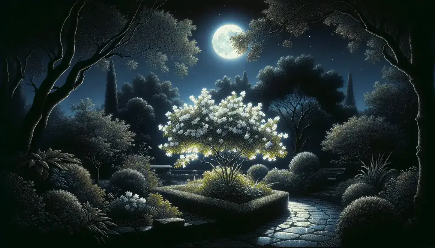 Giardino notturno illuminato dalla luna con cespuglio di gelsomino bianco, sentiero di pietra, alberi sinuosi e cielo stellato.
