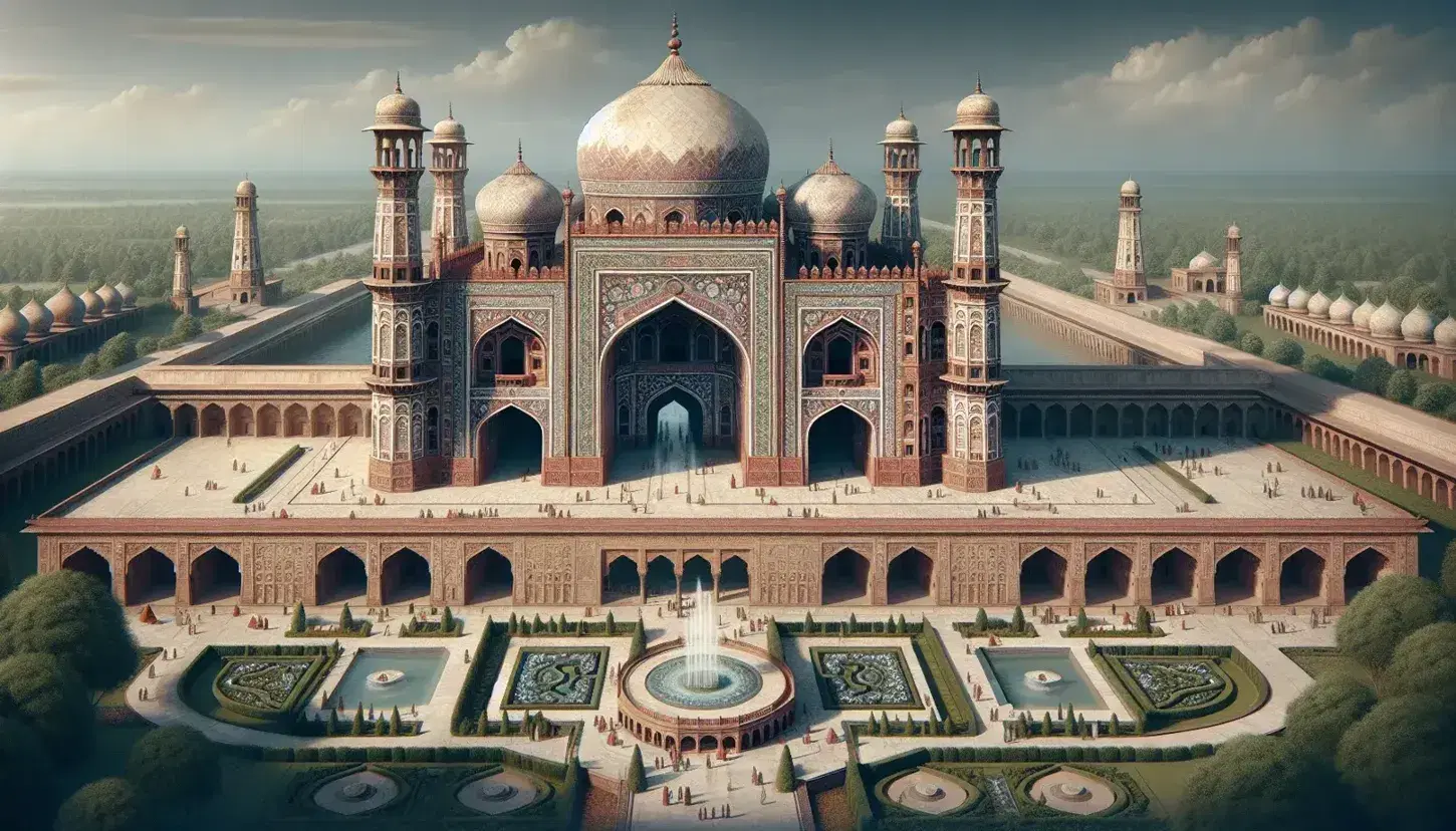 Majestic Mughal architecture with ornate red sandstone gateway, gilded central dome, blue-tiled minarets, manicured gardens, fountains, and peacocks under a clear sky.