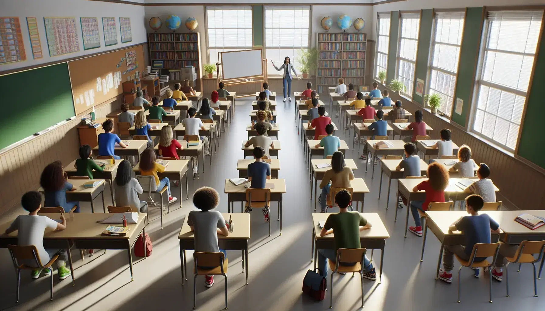 Bright school classroom with multiethnic students sitting in semicircle, teacher points to white board, books on shelves, globe partially visible.