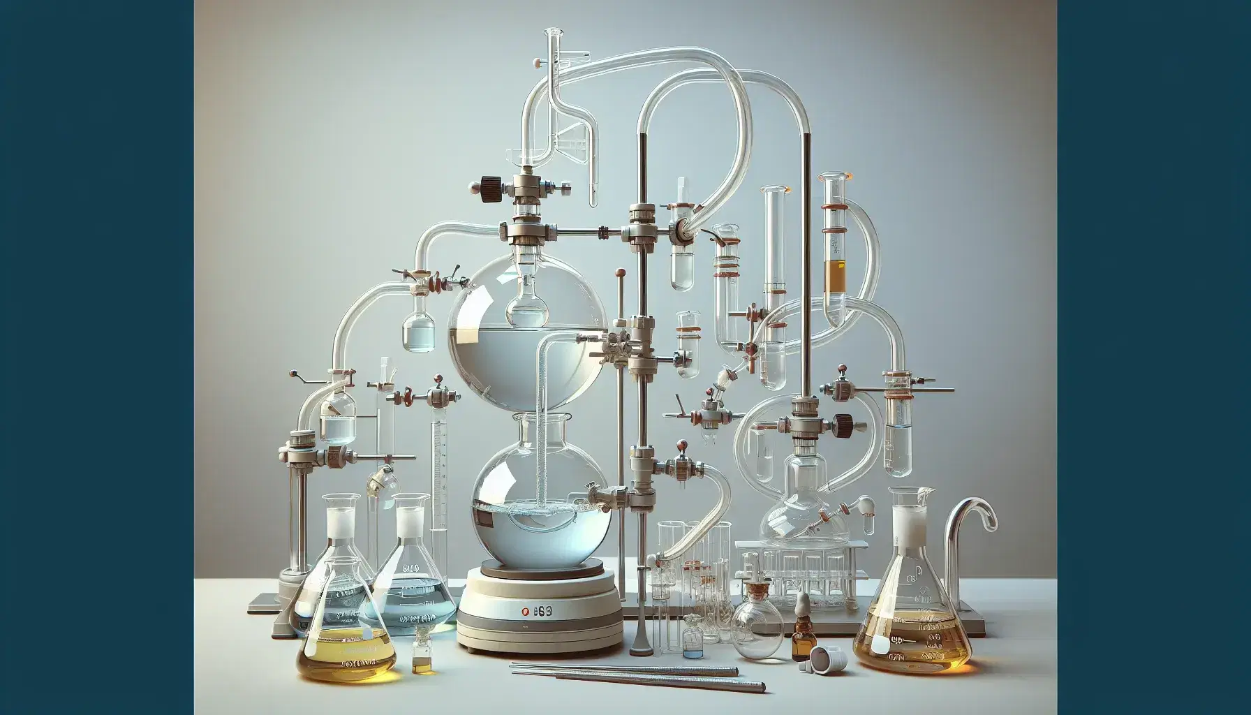 Chemistry laboratory with equipment for organic synthesis, flasks with colorless and colored liquids, Liebig condenser and laminar flow hood.