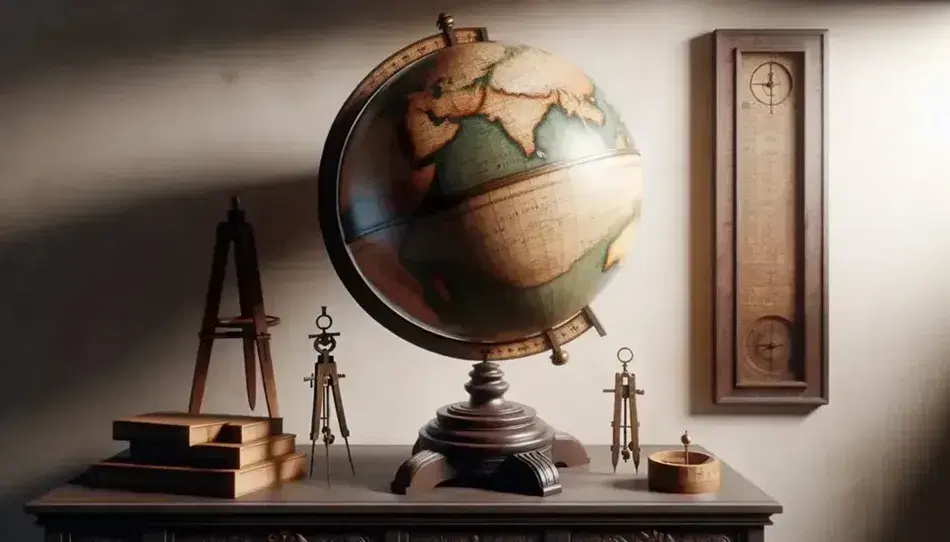 Mappamondo antico su supporto in legno scuro con intarsi, circondato da strumenti di cartografia in ottone e legno su mensola, senza scritte visibili.