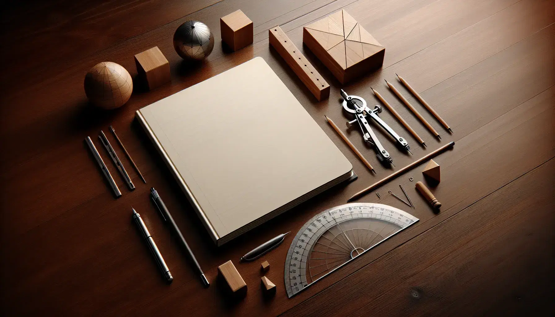 Wooden desk with open notebook, steel compass, transparent ruler and wooden geometric shapes next to a green plant.