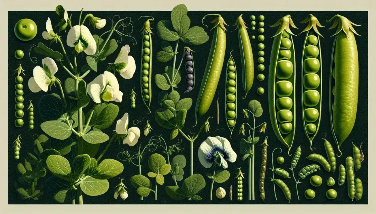 Primer plano de plantas de guisantes en crecimiento con vainas verdes maduras y flores blancas y moradas, en suelo fértil y bajo luz solar natural.