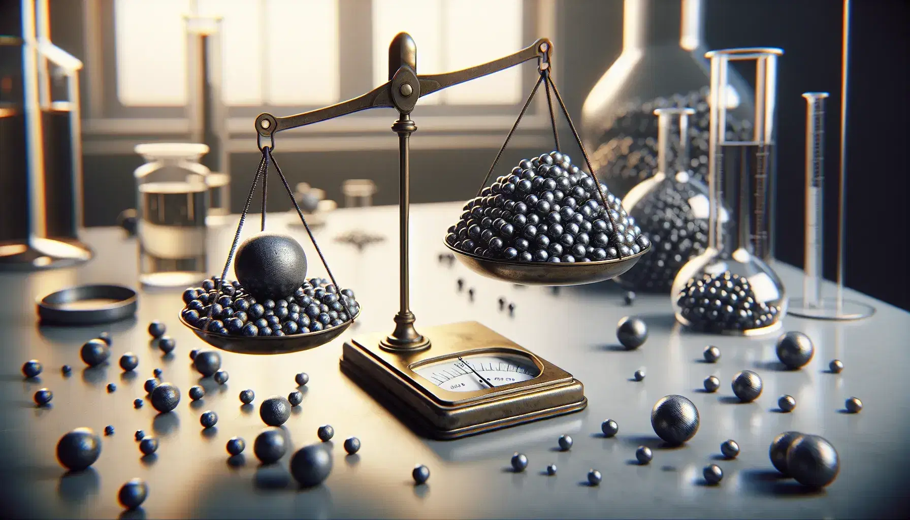 Two-pan balance in equilibrium with metal spheres on one pan and cylindrical weight on the other, in laboratory with colored test tubes in the background.