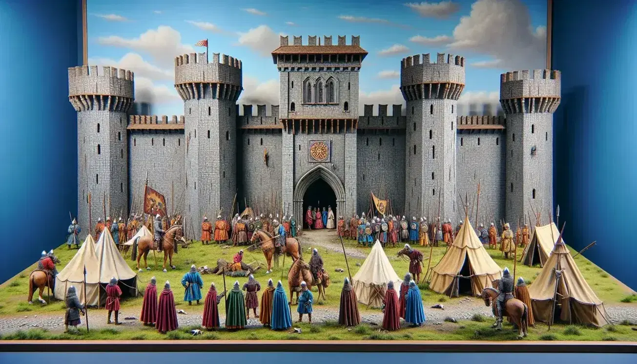 Scena medievale con città murata lombarda, cavalieri, contadini al lavoro, tende da campo e paesaggio rurale sotto cielo azzurro.
