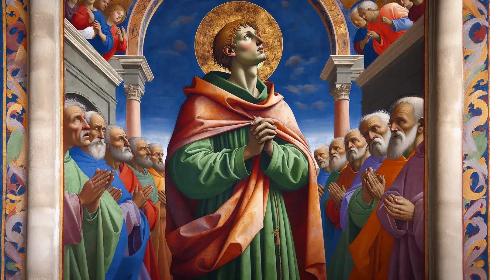 Dettaglio del ciclo di affreschi di Giotto nella Basilica di San Francesco ad Assisi, con figura centrale di santo in preghiera e sfondo architettonico medievale.