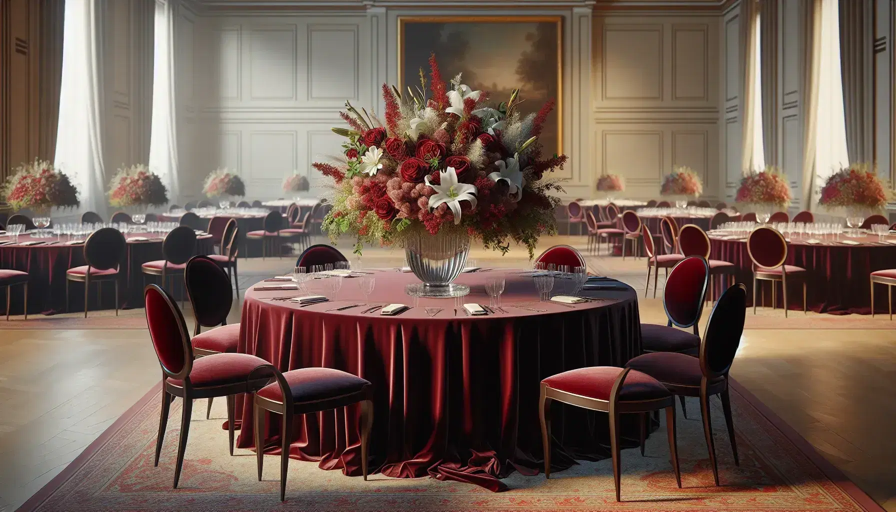Elegant award ceremony setting with a burgundy tablecloth, floral centerpiece with red roses and white lilies, and plush crimson chairs in a softly lit room.