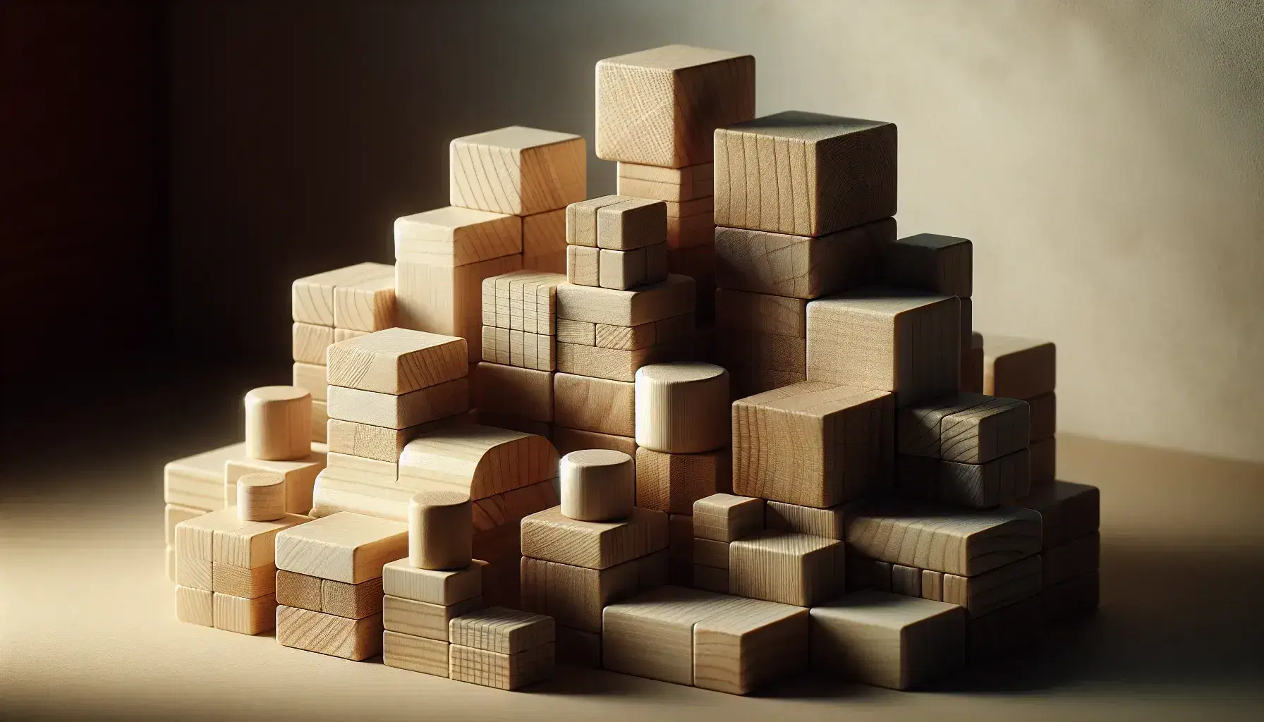 Bloques de madera de diferentes formas y tamaños apilados en estructura tipo torre, con sombras suaves y fondo neutro desenfocado.