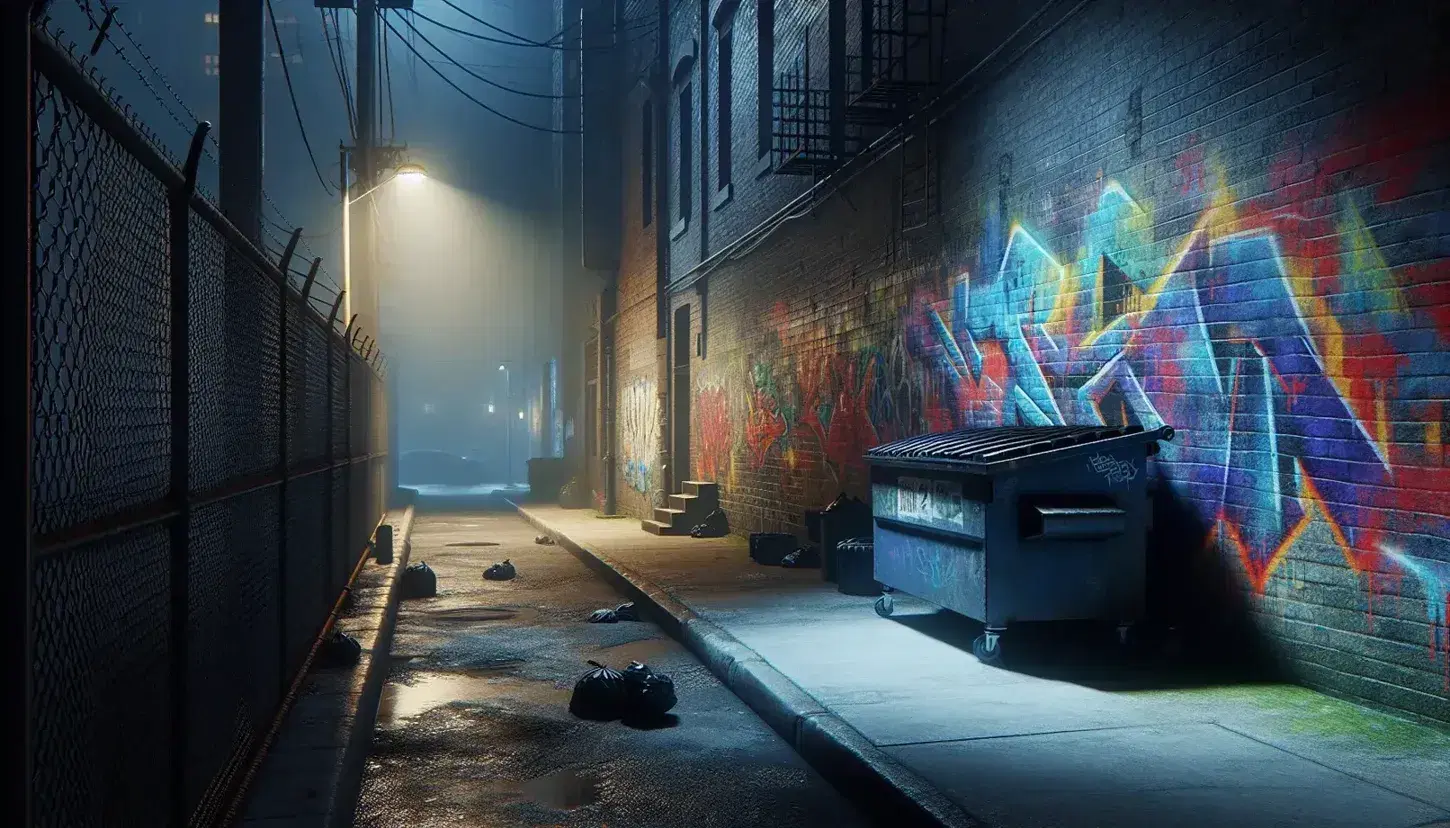 Night urban alley with graffitied brick wall, metal dumpster and lonely figure in the distance under the light of a street lamp.