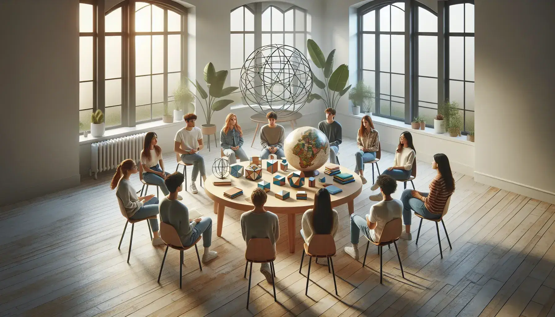 Estudiantes diversos en círculo discutiendo con figuras geométricas y un globo sobre mesa en aula iluminada naturalmente.