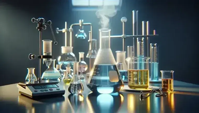 Laboratorio químico con matraz Erlenmeyer con solución azul y gas ascendente, tubo de ensayo con líquido amarillo y balanza digital con peso.