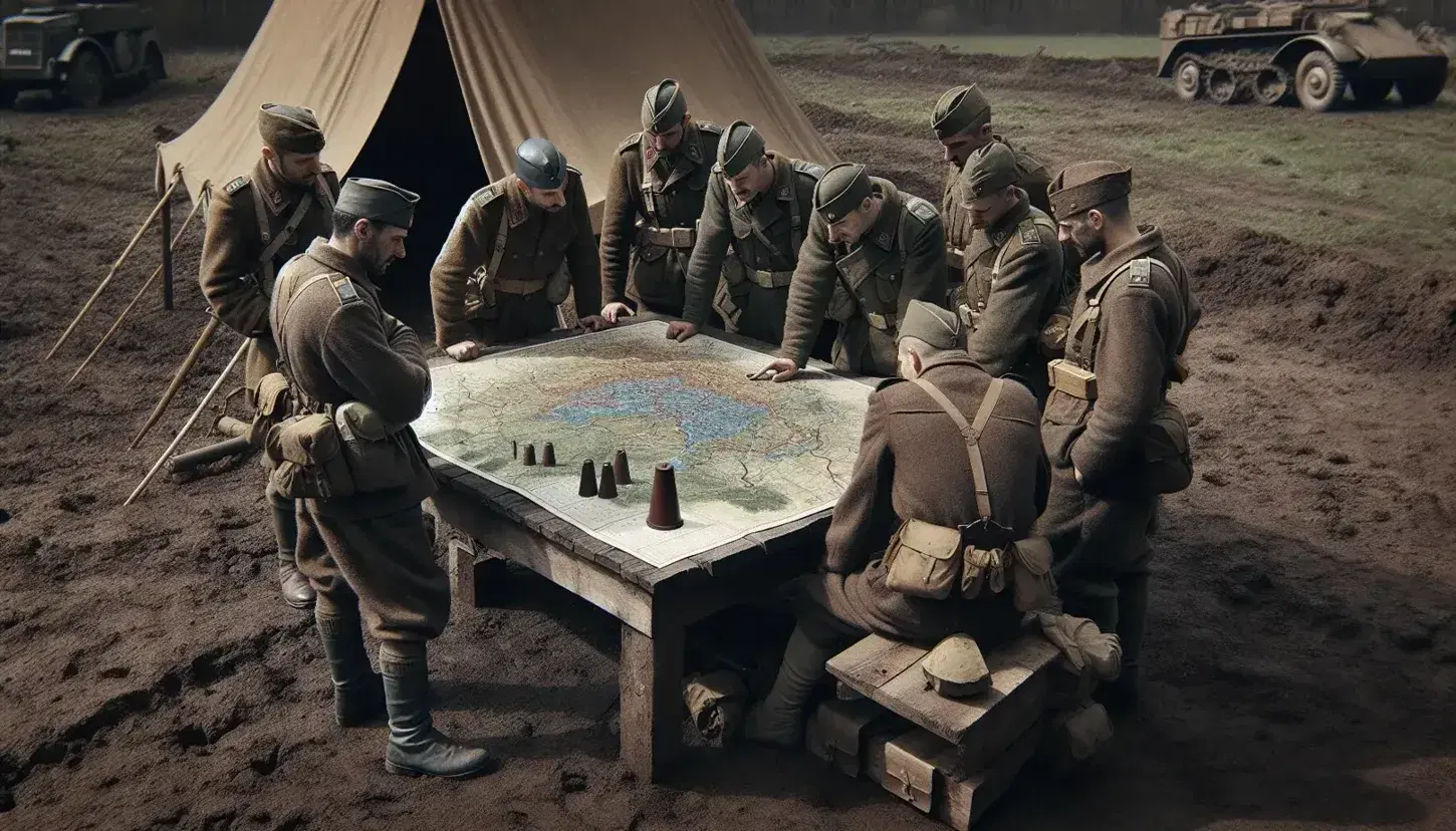 Soldati italiani in uniforme della Seconda Guerra Mondiale discutono su una mappa tattica appoggiata su un tavolo, con un veicolo militare in lontananza.