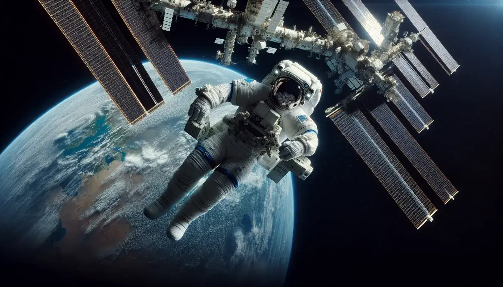 Astronauta in tuta spaziale galleggia vicino alla ISS con la Terra in sfondo, pannelli solari blu e moduli bianchi visibili.