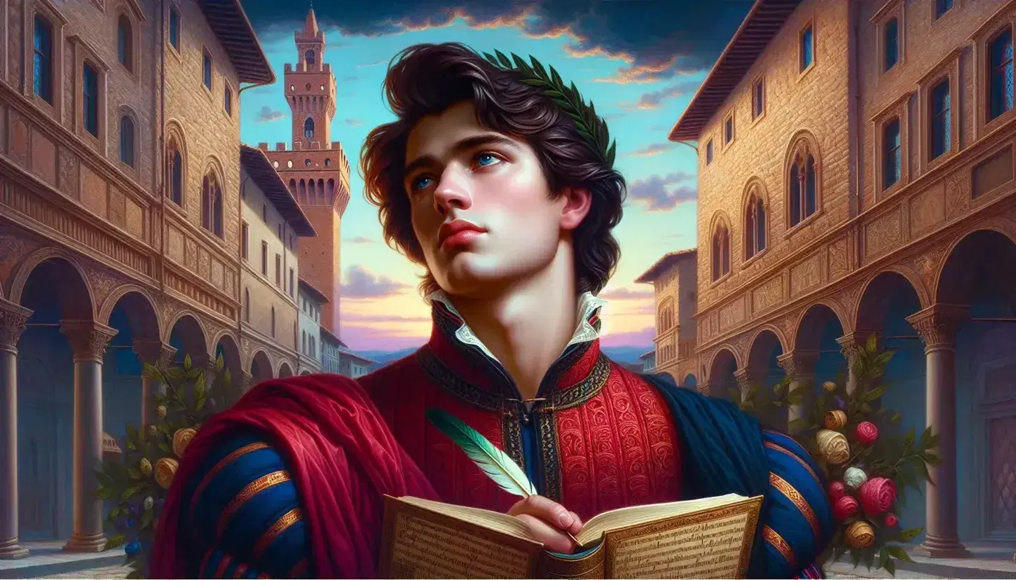 Ritratto di figura letteraria storica maschile in abiti medievali rossi e blu con corona d'alloro, quill e libro aperto su sfondo di Firenze medievale.