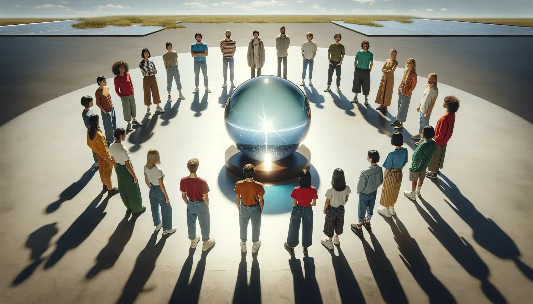 Grupo diverso de personas contemplando una esfera de vidrio sobre pedestal en un espacio abierto con luz natural.