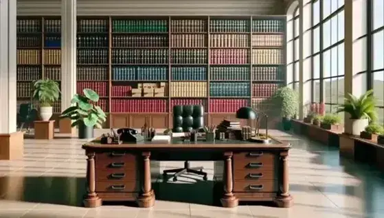 Oficina gubernamental iluminada con escritorio de madera, teléfono, calculadora, carpetas de colores, estantería con libros y cajas, y silla de oficina azul.
