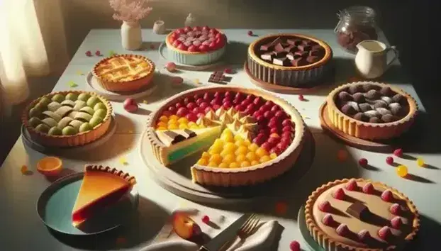 Variedad de pasteles de frutas y chocolate en una mesa de madera, con cortes en porciones pero unidos en el centro, bajo una iluminación suave.