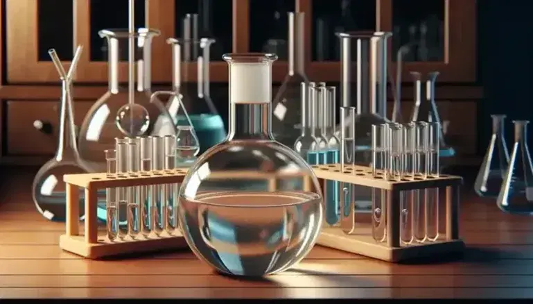 Glass flask with colorless liquid on wooden laboratory bench, colorful test tubes in rack and assorted glassware on background.