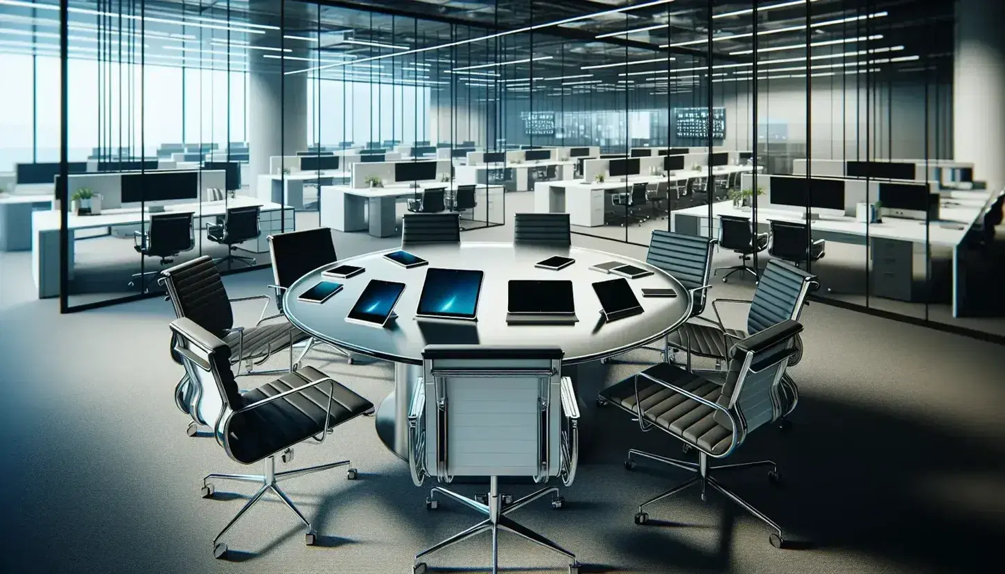 Modern corporate office with glass table, chairs, digital devices, glass partitions, white desks, ergonomic chairs, and potted plants, bathed in natural light.