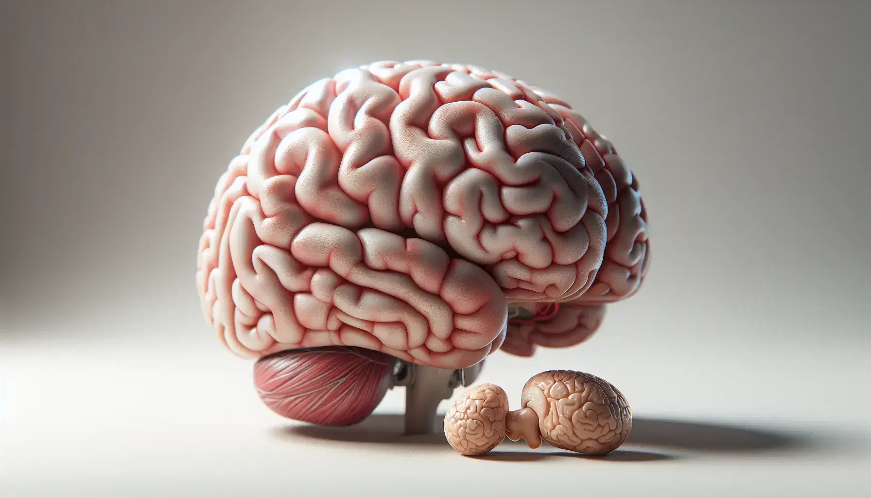 Modelo anatómico detallado de un cerebro humano y glándula pituitaria en superficie plana, resaltando regiones cerebrales y texturas naturales.