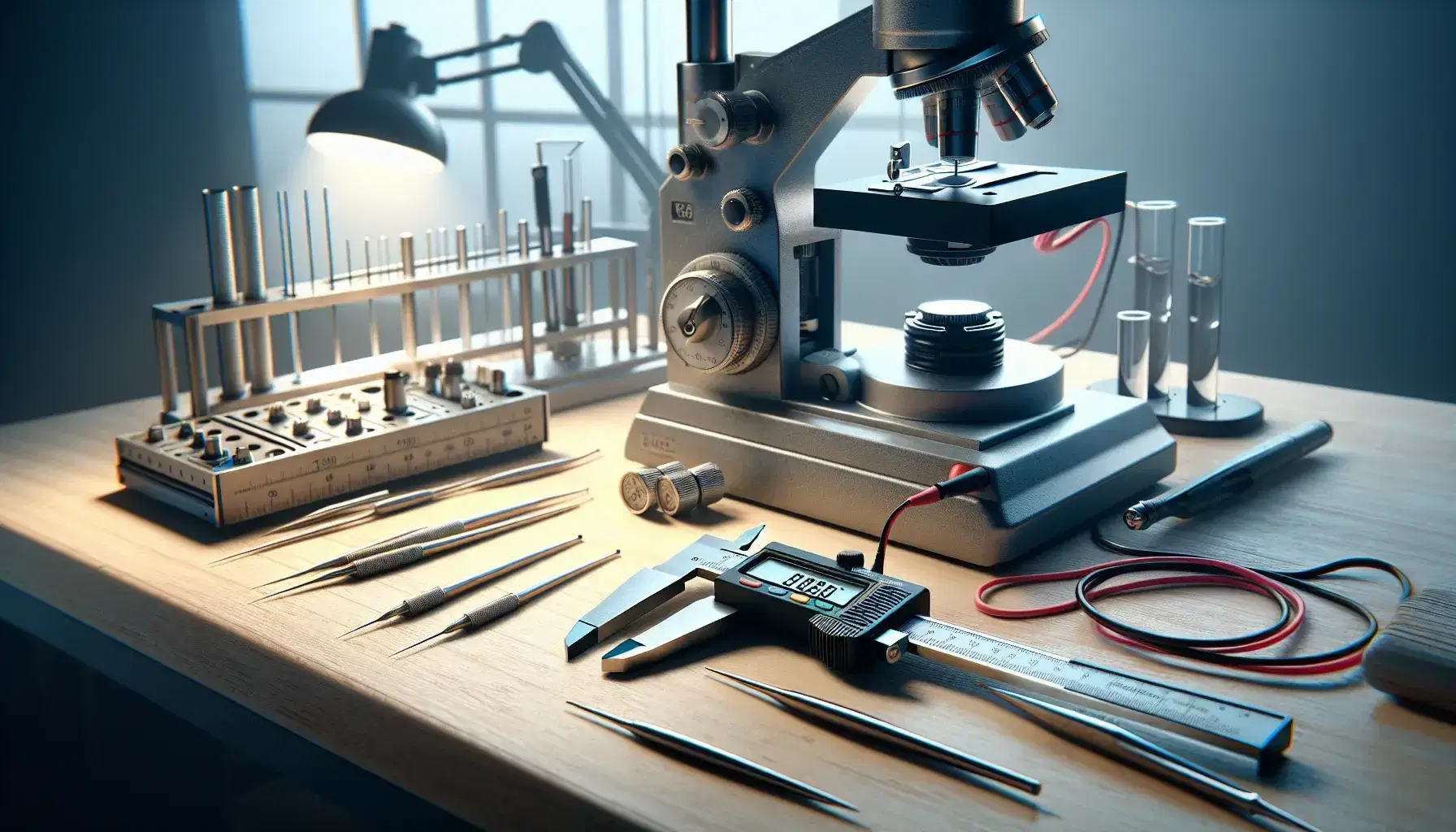 Strumenti di misurazione su banco da lavoro in legno: calibro in acciaio, multimetro digitale e microscopio ottico, con sfondo di laboratorio.