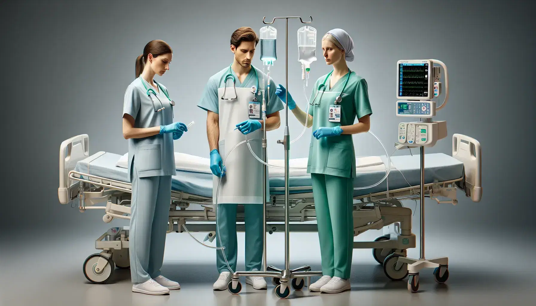 Profesionales de enfermería atienden a paciente en hospital, ajustando suero y monitorizando signos vitales, mientras toman notas en un entorno clínico tranquilo.